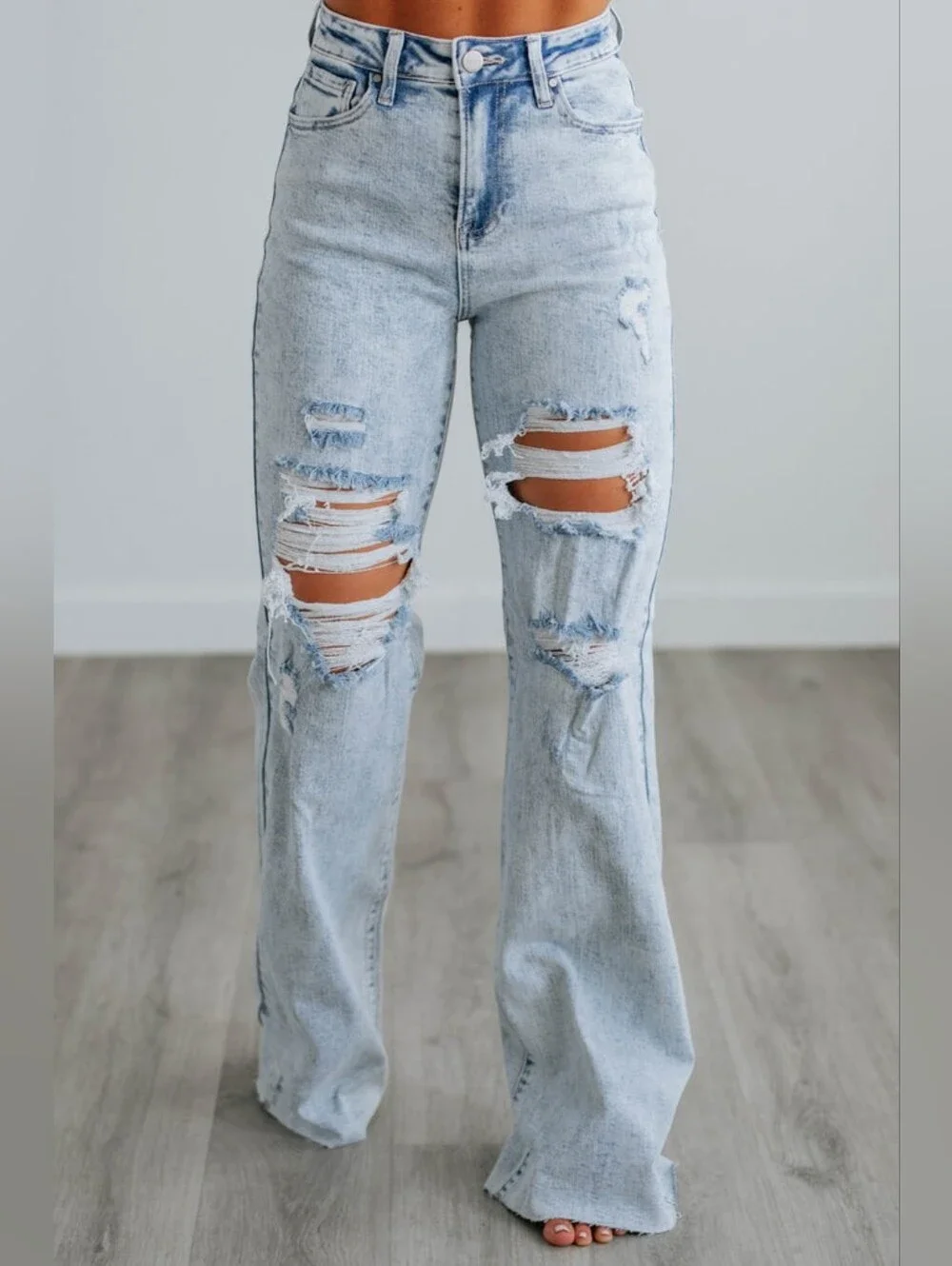 High-Rise Light Wash Distressed Wide-Leg Jeans - Picture 14 of 14